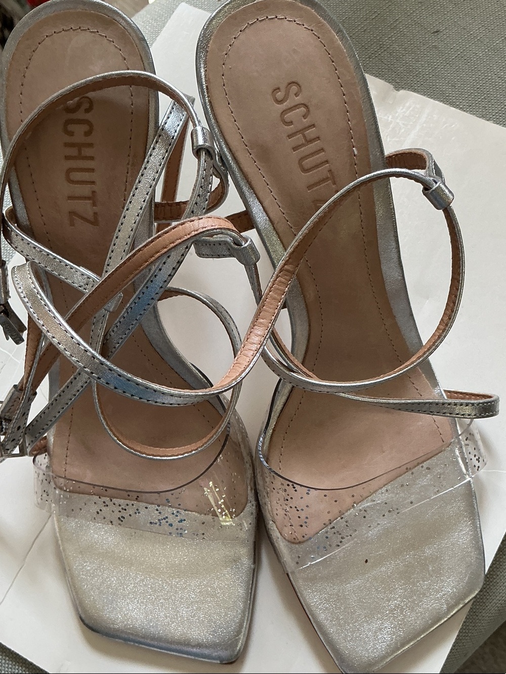 SCHUTZ Metallic Silver Strappy Block Heel Leather Sandals